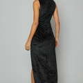 Black Gathered Diamante Velvet Dress